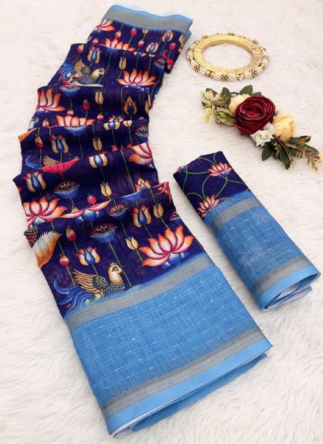 Linen Navy Blue Casual Wear Digital Printed Saree